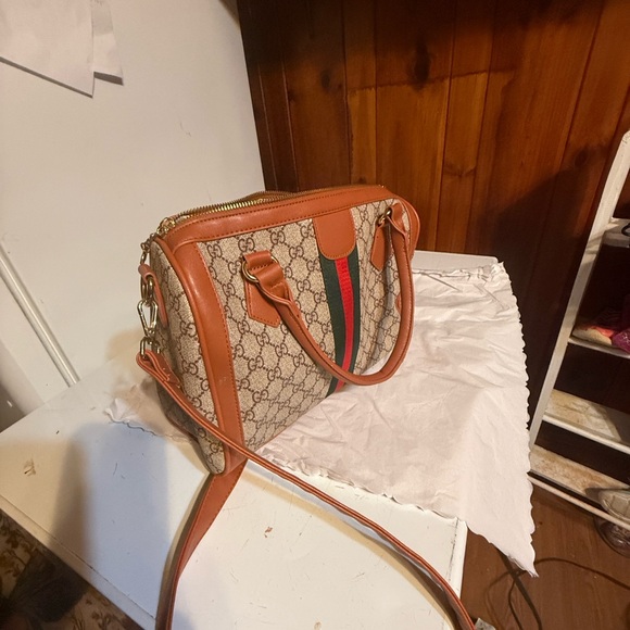 Gucci Beige and Brown Satchel with Red and Green Stripe